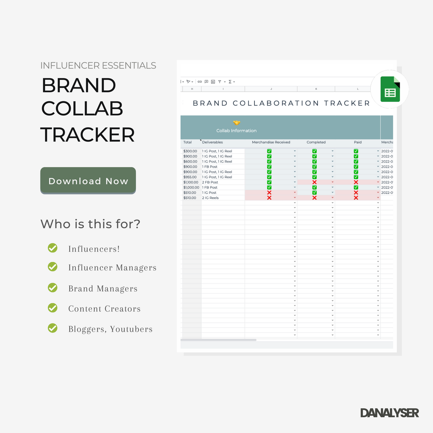 Brand Collaboration Tracker Spreadsheets