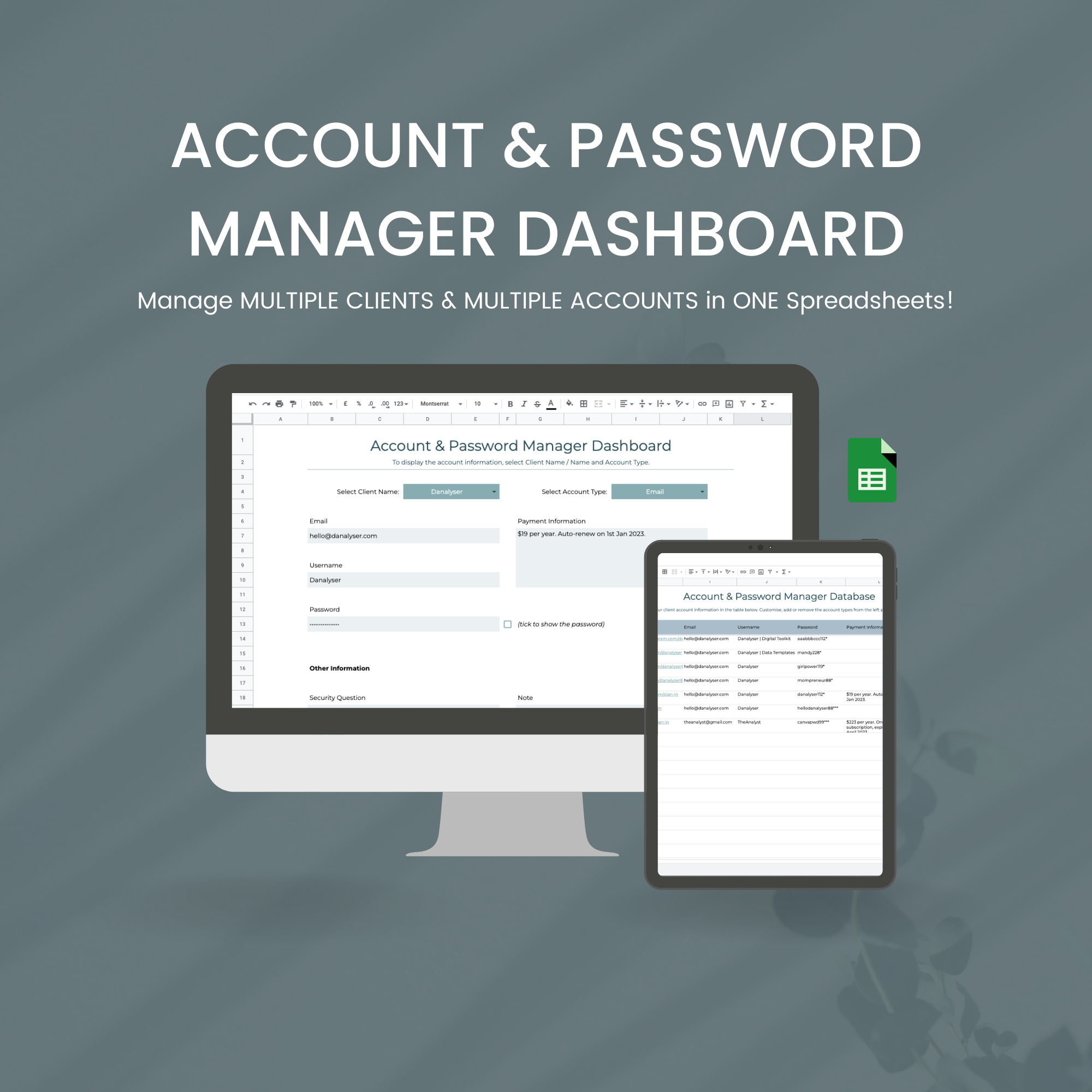 Account & Password Manager Spreadsheets – Danalyser