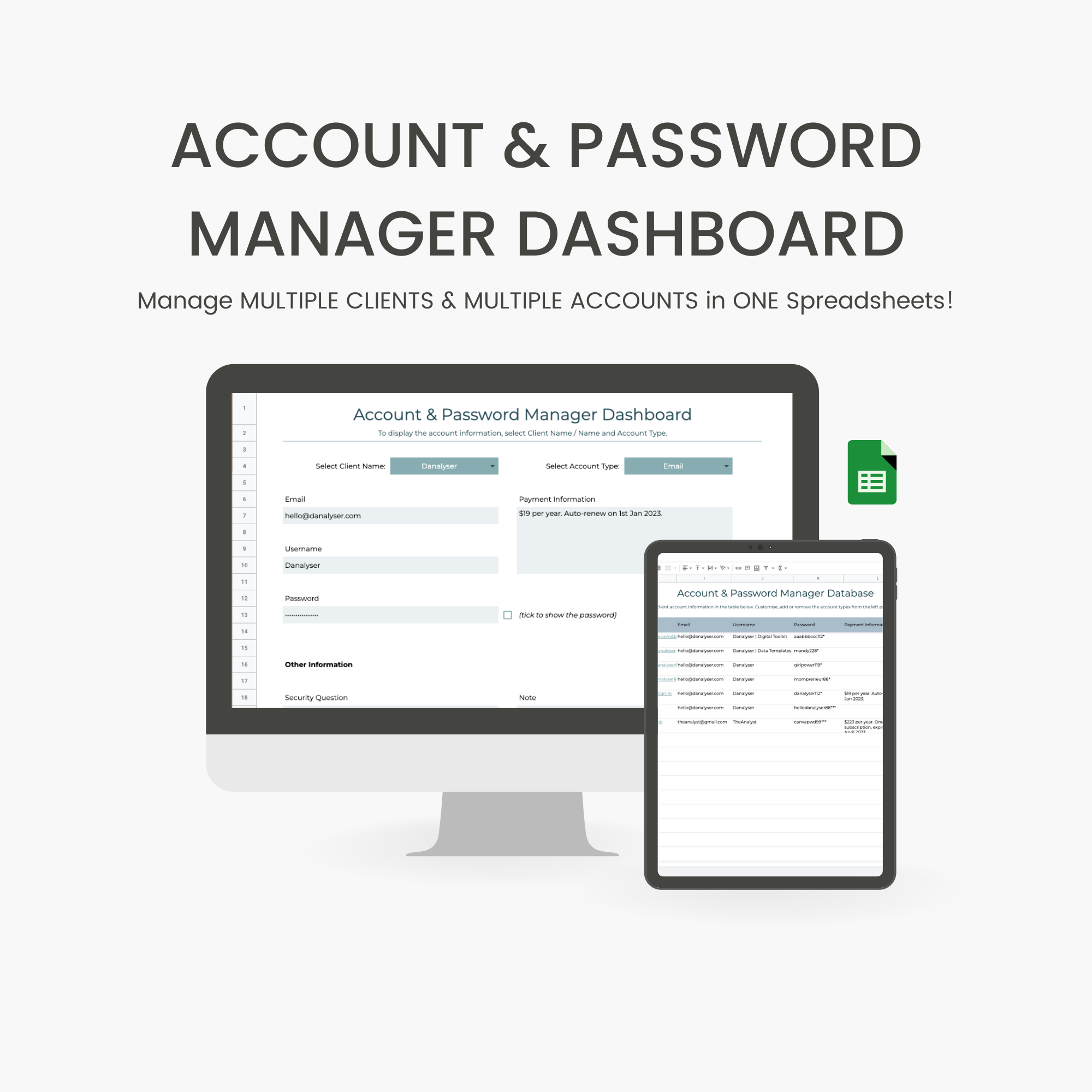Account & Password Manager Spreadsheets – Danalyser