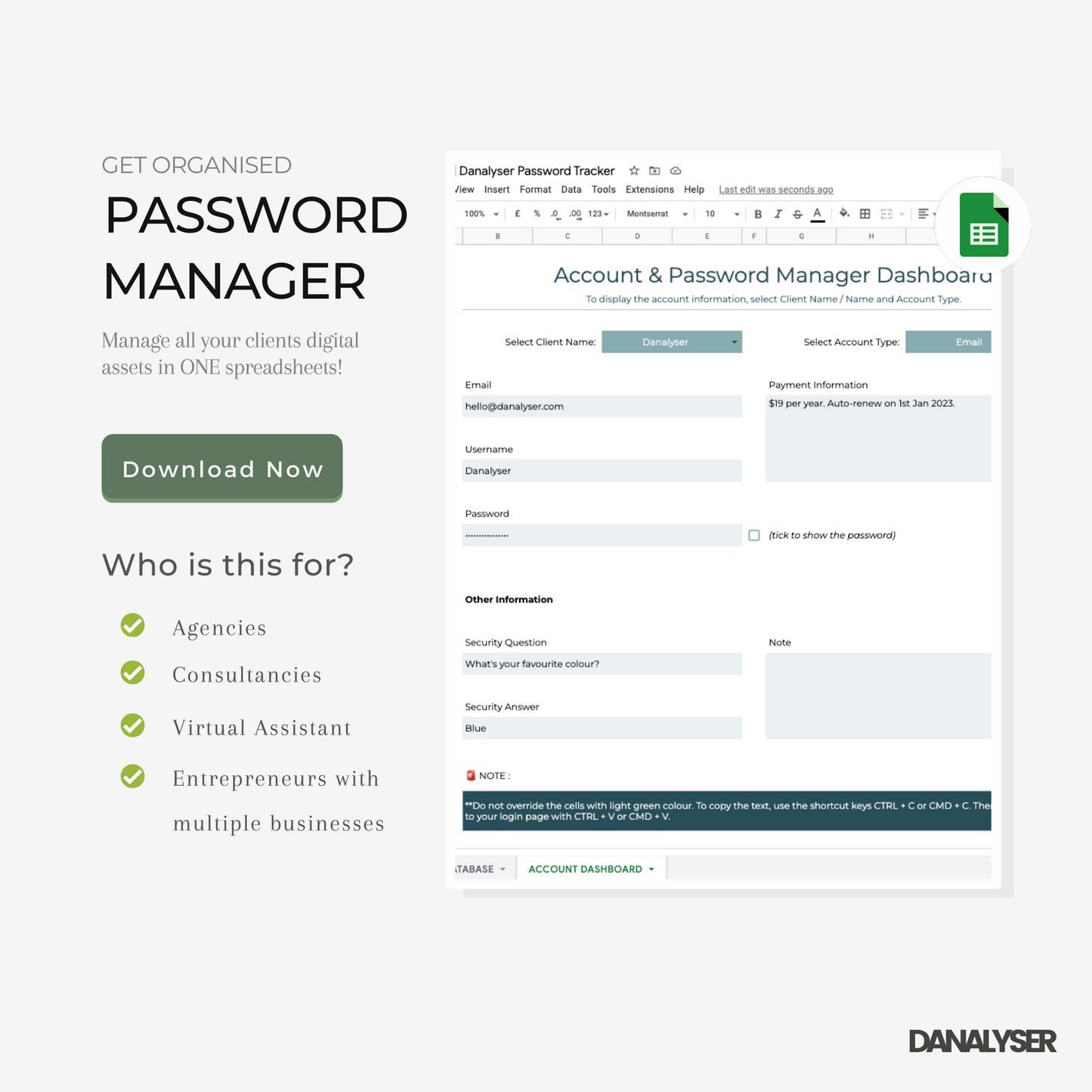 Account & Password Manager Spreadsheets